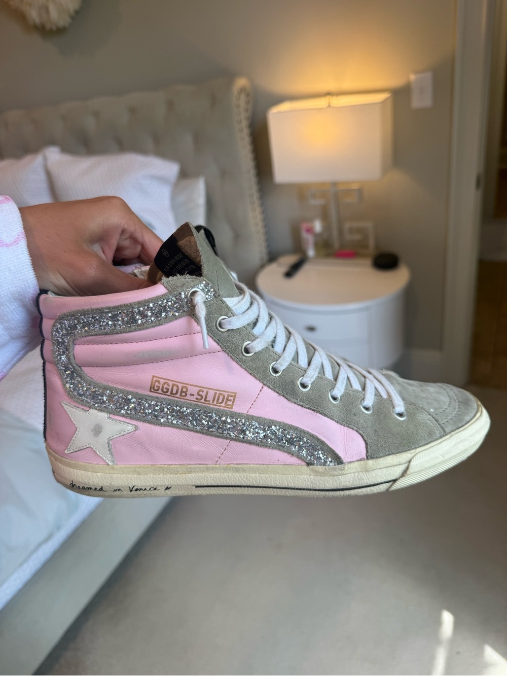 Golden Goose GGDB-Slide Pink & Gray Glitter High-Top Sneaker